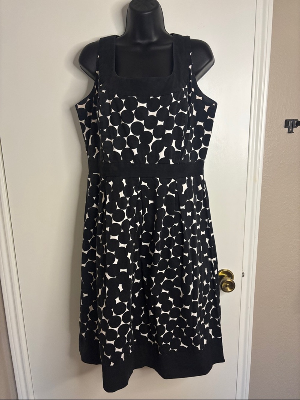 Sleeveless Black & White Polka Midi Dress with Square Neck